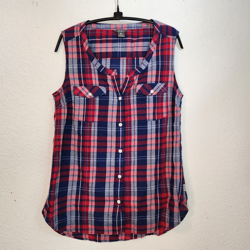 Eddie Bauer‎ Red and Blue Plaid Sleeveless Blouse, Size S